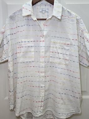 MADEWELL Courier Button Shirt Flecked Rainbow Stripe Size Medium Cotton Blend